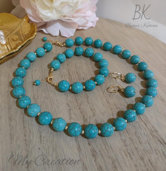 Très belle parure en pierre turquoise naturelle semis précieuse ref r16